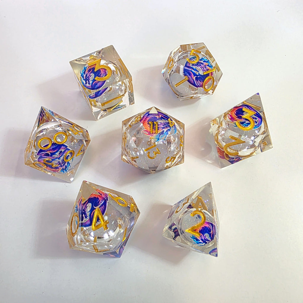 Set de dados de resina con núcleo líquido Purple Dragonfire