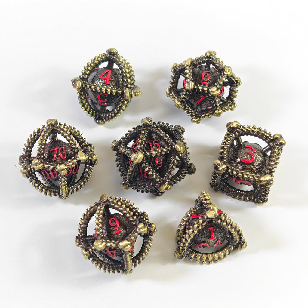 Set di dadi in metallo cavo color ottone rosso a forma di uovo di drago