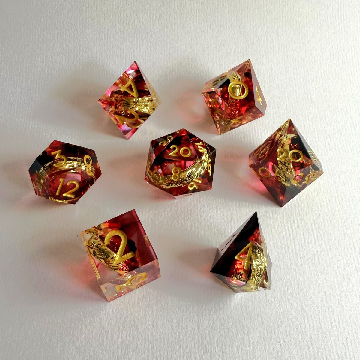 Red One Ring Sharp Edge Resin Dice Set